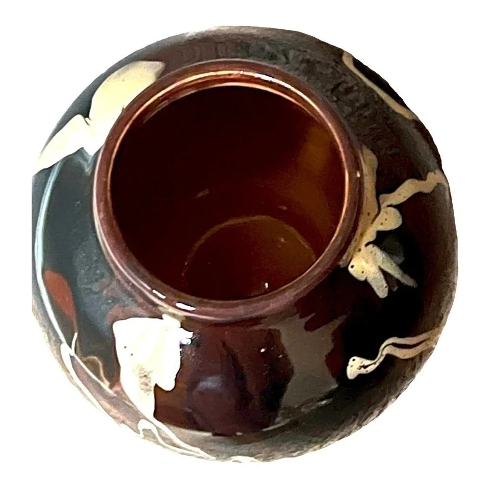 Vietri round terracotta glazed vase brown black tan collection modern Italy 6”.